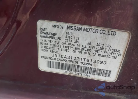 2001 Nissan Maxima Gxe/Se/Gle/20Th Anniv из США, поврежденный, VIN JN1CA31D31T813090